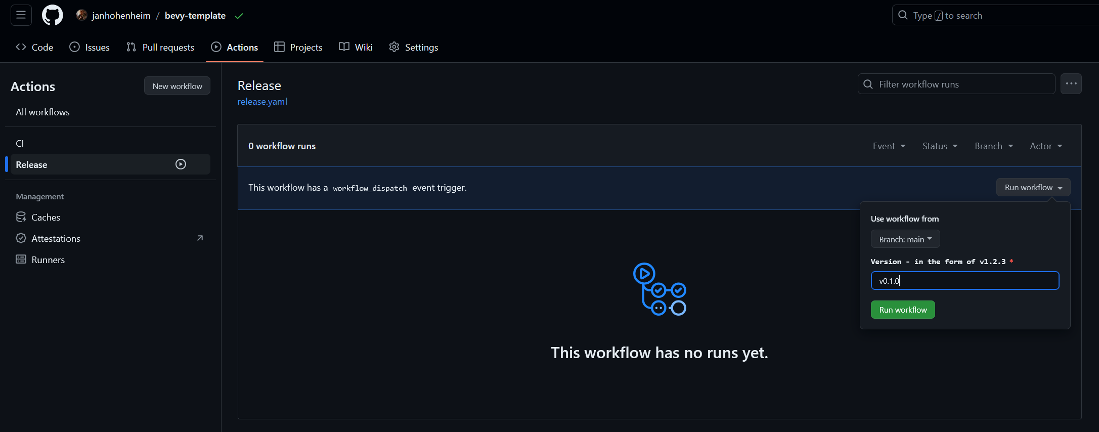 A screenshot showing a manually triggered workflow on GitHub Actions