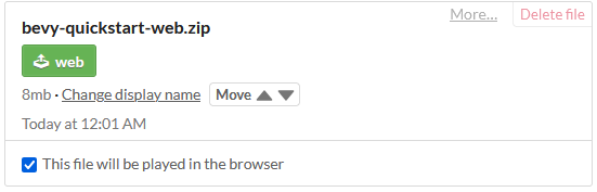 A screenshot showing a web build selected in the itch.io uploads