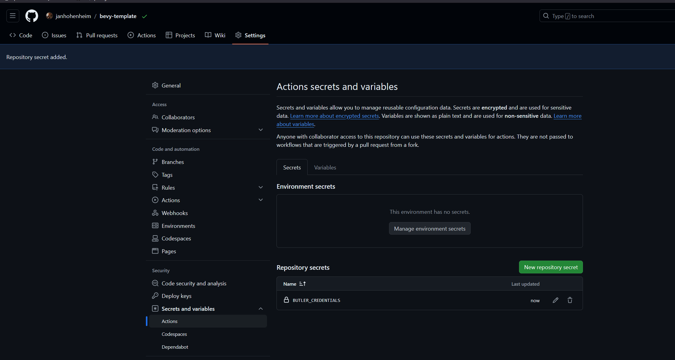 A screenshot showing where to add secrets in the GitHub Actions settings