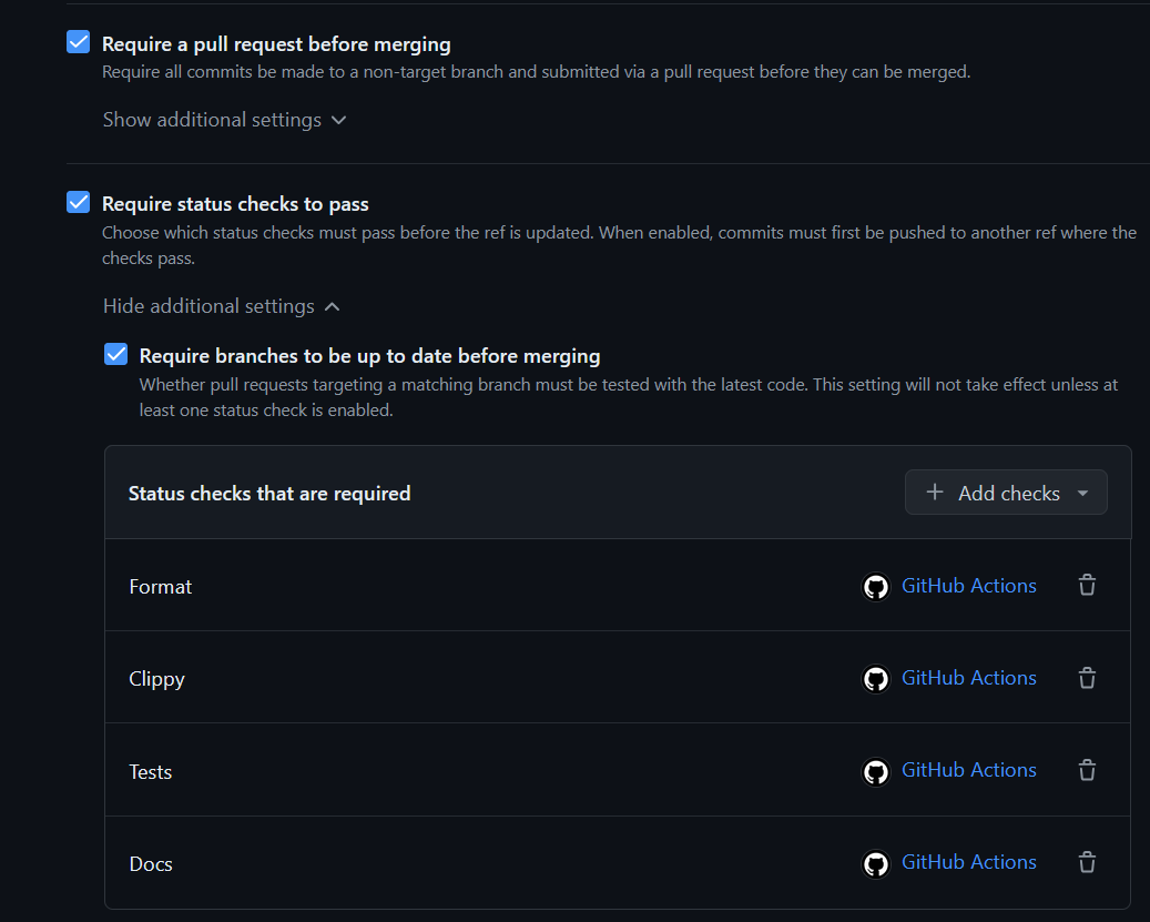 A screenshot showing a GitHub ruleset with status checks enabled